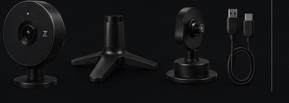 What comes in the box: the ZeoFit camera, a tripod stand, a magnetic mount and a USB cable.
