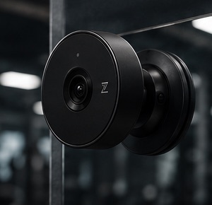 The ZeoFit camera held on a mirror by its suction mount, in a gym.