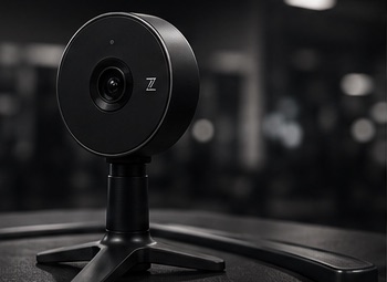 The ZeoFit camera on its tripod stand, resting on a gym bench.